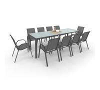IDMarket Salon de jardin MADRID Table 240 cm + 10 chaises empilables Gris anthracite plateau clair