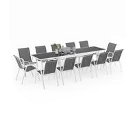 IDMarket - Salon de jardin Madrid - Table extensible 135-270 cm, 12 chaises empilables - Blanc/Gris