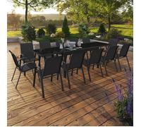 IDMarket – Salon de jardin MADRID – Table extensible 135-270 cm et 12 chaises empilables – Noir