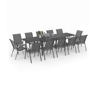 IDMarket - Salon de Jardin Madrid Table Extensible Plateau Gris 135-270 cm | Et 12 chaises empilables, coloris gris anthracite