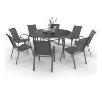 IDMarket - Salon de jardin Madrid - Table ronde 150 cm et 8 chaises empilables - Gris anthracite