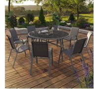 IDMarket - Salon de Jardin Madrid Table Ronde 150 cm, 8 chaises empilables | Coloris gris anthracite