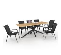 IDMarket – Salon de jardin Messina Table 190 cm Pied araignée Plateau effet bois 8 chaises noires