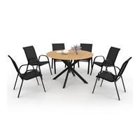 IDMarket – Salon de jardin Messina Table ronde 120cm pied araignée effet bois, 6 chaises noires