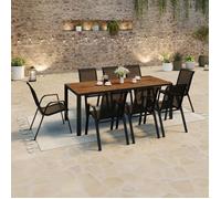 IDMARKET Salon de jardin NOUMEA table 190 cm plateau verre trempé effet bois et 8 chaises empilables noir et bois