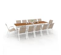 IDMarket Salon de jardin NOUMEA Table extensible 135/270 cm +12 chaises empilables blanc/bois