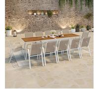IDMarket Salon de jardin NOUMEA Table extensible 135/270 cm +12 chaises empilables blanc/bois