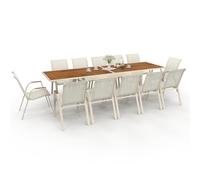 IDMarket Salon de jardin Noumea table extensible 135/270 verre trempé effet bois 12 chaises beige