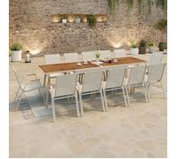 IDMARKET Salon de jardin NOUMEA table extensible 135/270 CM plateau verre trempé effet bois et 12 chaises empilables beige et bois