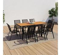 IDMarket – Salon de jardin POLY – Table extensible 90–180 cm et 8 chaises bois et noir