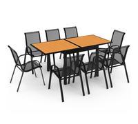 IDMarket – Salon de jardin POLY – Table extensible 90–180 cm et 8 chaises bois et noir