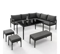 IDMarket - Salon de Jardin Repas Nayla 8 Places d'angle en métal et Coussins Gris avec Table à Manger, canapé d'angle, Banquette, tabourets