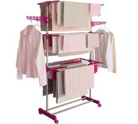 IDMarket – Séchoir à linge vertical pliable MAXIMA 3 niveaux capacité 20M inox et rose