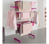 IDMarket – Séchoir à linge vertical pliable MAXIMA 3 niveaux capacité 20M inox et rose