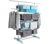 IDMarket – Séchoir à linge vertical Optimum pliable 4 niveaux 30 m + tringle télescopique Blanc/Bleu