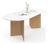IDMarket - Table à Manger Extensible Ovale Marthe 160-200 cm 6-10 Personnes | Avec plateau marbre blanc alaska et bois façon hêtre