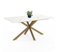 IDMarket Table à manger ALIX 8 pers. pied araignée laiton plateau effet marbre doré ALASKA 160 cm
