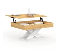 IDMarket - Table Basse Plateau relevable Alicia Bois et Blanc | Rectangulaire, 100 cm, plateau bois clair et pied en x blanc
