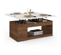 IDMarket - TABLE BASSE PLATEAU RELEVABLE ELEA | RECTANGULAIRE, CONVERTIBLE EN TABLE A MANGER, 100 CM, EFFET NOYER ET PLATEAU TRAVERTIN