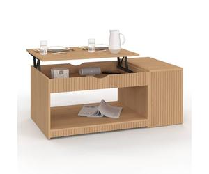 IDMarket - Table Basse Plateau relevable Juliette avec Coffre Effet Lattes | Rectangulaire, 100 x 60 x 45/58 cm, effet lattes tasseau bois coloris chêne