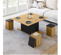 IDMarket – Table basse relevable Eden 100 cm convertible en table à manger bois et noir avec poufs