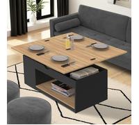 IDMarket - Table Basse Plateau relevable rectangulaire Convertible en Table à Manger ELEA 100 cm Bois Noir et façon hêtre