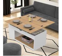 IDMarket - Table Basse Plateau relevable rectangulaire Convertible en Table à Manger ELEA 100 cm Bois Blanc et façon hêtre