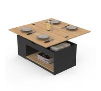 IDMarket - Table Basse Plateau relevable rectangulaire Convertible en Table à Manger ELEA 100 cm Bois Noir et façon hêtre