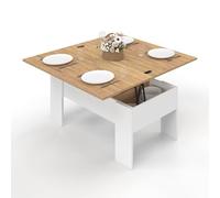 IDMarket - Table Basse rectangulaire Plateau relevable Convertible en Table à Manger Tara Bois Blanc et Imitation hêtre