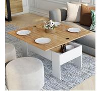 IDMarket Table basse TARA plateau relevable convertible en table bois blanc imitation hêtre Blanc