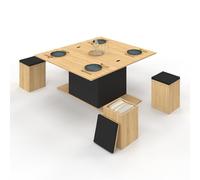 IDMarket – Table basse relevable Eden 100 cm convertible en table à manger bois et noir avec poufs