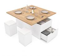 IDMarket - Table basse relevable convertible ELEA avec poufs blanc et bois | Rectangulaire, double plateau, relevable convertible en table à manger, 2 poufs, 1 tiroir, bois blanc et façon hêtre