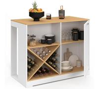 IDMarket – Table de bar îlot VITO 113 cm avec range-bouteilles blanc et plateau façon hêtre