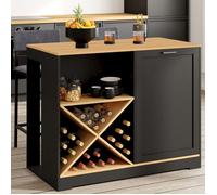 Table de bar îlot VITO 113 cm avec range bouteilles bois noir et plateau façon hêtre