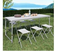 IDMARKET Table de camping pliante réglable en hauteur 160 cm et 6 tabourets blancs