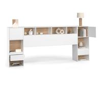 IDMarket - Tête de lit sur Pied CAMPHA 240 cm avec chevets tiroir + placards + niches Bois et Blanc