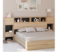 IDMARKET Tête de lit sur pied CAMPHA 240 cm avec chevets tiroir + placards + niches bois et noir