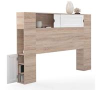IDMarket – Tête de lit sur pied Salem 145 cm, rangements fermés et niches, Bois et Blanc
