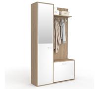 IDMarket - Vestiaire d'entrée Rangement Chaussures avec Miroir et étagères MAHAUT 1 Porte Effet Bois et Blanc
