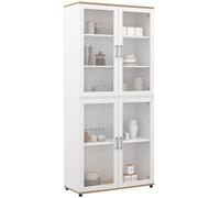 IDMarket Vitrine buffet haut VITO H. 176 cm 4 portes vitrées Blanc et bois