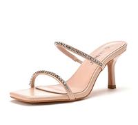 IDOBLO Sandales De Mariage Strass Talons Hauts Femmes Sandales De Mariage À Bout Ouvert Pour L'été Sandales À Talons Hauts À Bout Carré Pour L'extérieur,Apricot color,39.5 EU