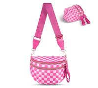 idoltimes Sac à bandoulière à carreaux, sac banane en nylon pour femme, sac à bandoulière spacieux, sac banane avec bandoulière, Rouge et blanc, 11.8 x 5.5 x 8.3 inches