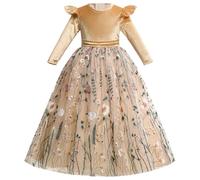 IDOPIP Automne Hiver Fleurs Fille Robe Velours Robe Noël Manches Longues Brodée Princesse Tulle Robe Fête Anniversaire Bal Officiel Champagne 5-6Y
