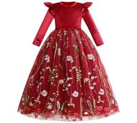 IDOPIP Automne Hiver Fleurs Fille Robe Velours Robe Noël Manches Longues Brodée Princesse Tulle Robe Fête Anniversaire Bal Officiel Rouge 11-12Y