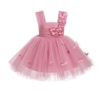 IDOPIP Bambin Fille Fleur Robe Enfant bébé a - Ligne Genou Papillon Dentelle Fleur brodée Princesse 1er Anniversaire fête sans Manches Tutu Robe Roses Profondes 110