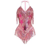 IDOPIP Bodysuit Femme Justaucorps Danse Latine Frangé Paillette Tango Salsa Rumba Jazz Costume de Musique La Fête Boîtes de Nuit Vêtements Lingerie et Sous-vêtements Rose L