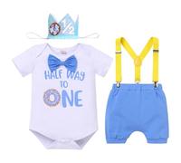 IDOPIP Deguisement Bébé Garçon 6-9 Mois Fêter 1 an Costume Combinaison y - back Bretelles Shorts Couronne Prise de Photos Ensemble de Vêtements Bleu Jaune one
