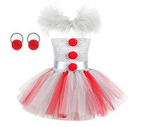 IDOPIP Déguisement Pennywise du chapitre 2 du Film IT pour Filles Scary Tueur Clown Tulle Tutu Robe avec Cerceau de Cheveux 2 pièces Tenues pour Fête de Cosplay de Carnaval d'Hallowee Rouge 8-9 Ans