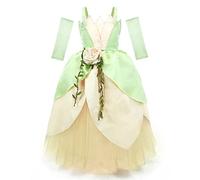 IDOPIP Deguisement Robe Princesse Tiana Enfant Fille, Costume Classique Princess and the Frog pour Anniversaire Fete Halloween Carnaval Cosppay Vert clair 4-5 Ans