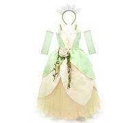 IDOPIP Deguisement Robe Princesse Tiana Enfant Fille, Filles Déguisement Princess and the Frog avec Pochette + Bandeau pour Anniversaire Fete Halloween Carnaval Cosppay Vert clair + Bandeau 10-11 Ans